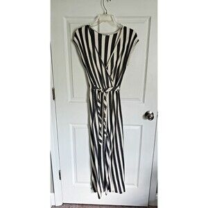 Acemi Striped Jumpsuit Cropped Leg Elastic At Waist Modesty Button At Chest